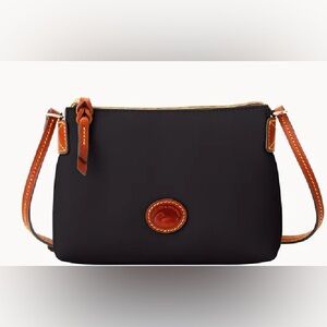 Dooney & Bourke Black Pouchette Small Crossbody Bag with brown leather accents